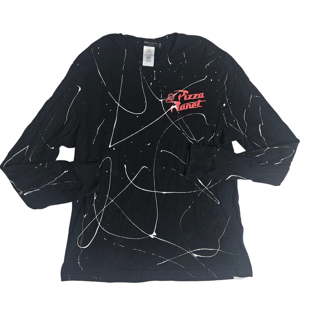 Disney Junk Food Pizza Planet Long Sleeve Shirt Black Paint Splatter Mens Large